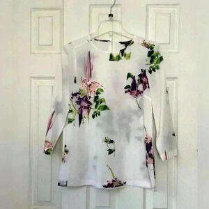 French Connection White Pink Purple Green Floral Watercolor Quarter Sleeve Top 0